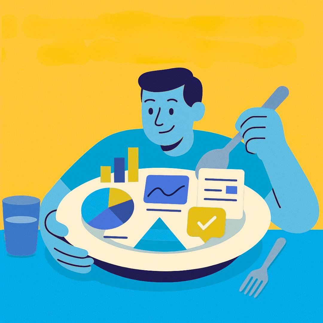 Illustration of a person eating a plate served with charts and dashboards