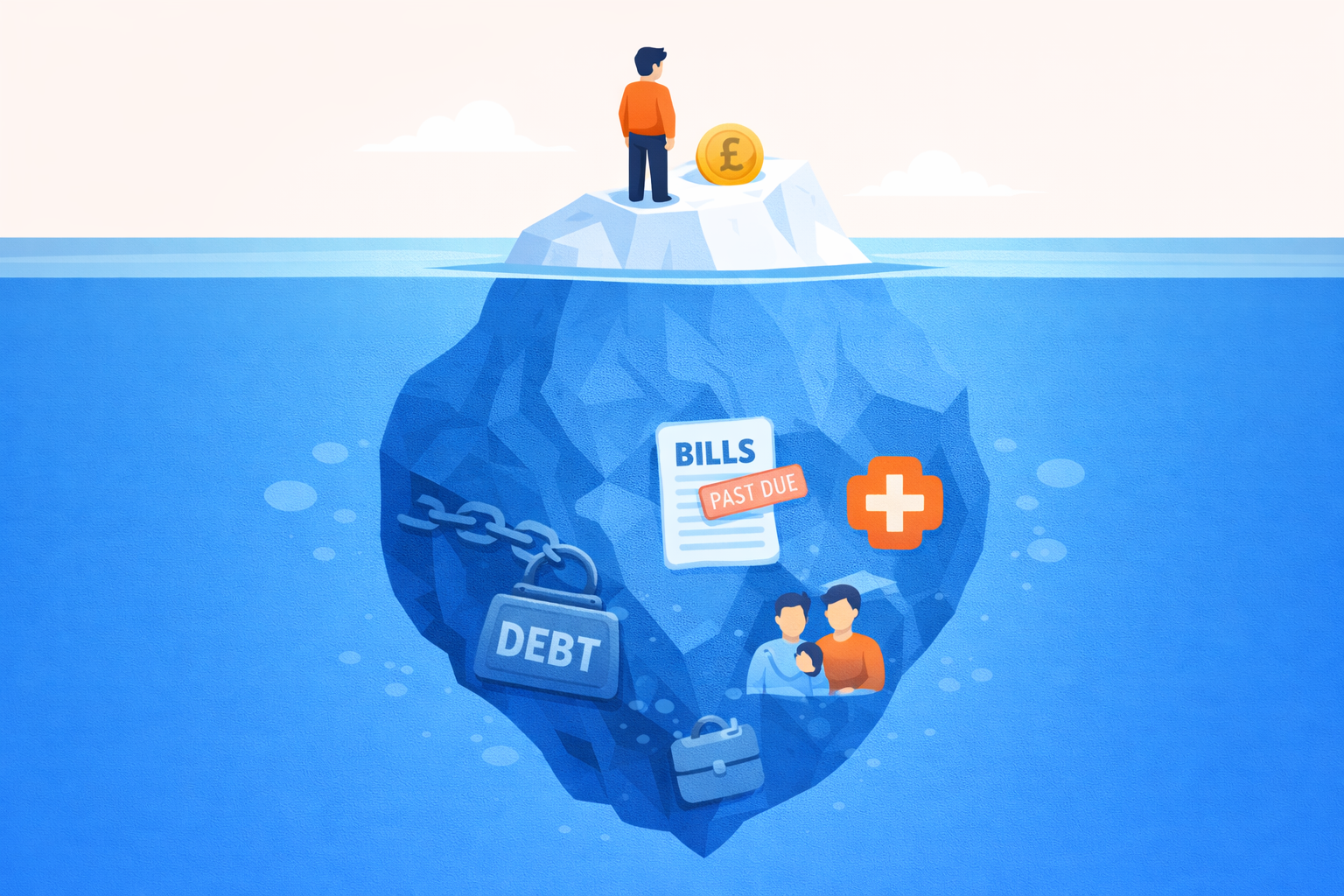 Person standing above an iceberg concealing financial and personal vulnerabilities