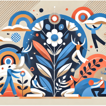 Illustration of people among stylised flowers and foliage