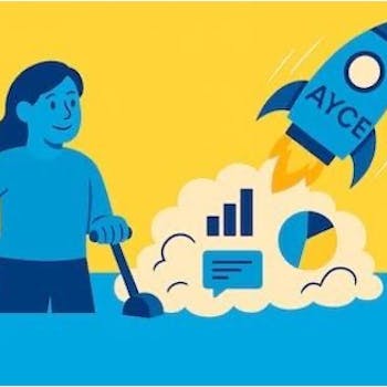 Illustration of a person launching a rocket labelled AYCE from a cloud of charts