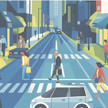 Illustration of a city street crossing with cars and pedestrians