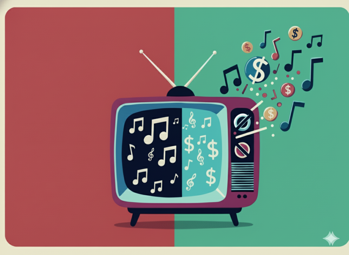 Illustration connecting music in television advertising with financial return