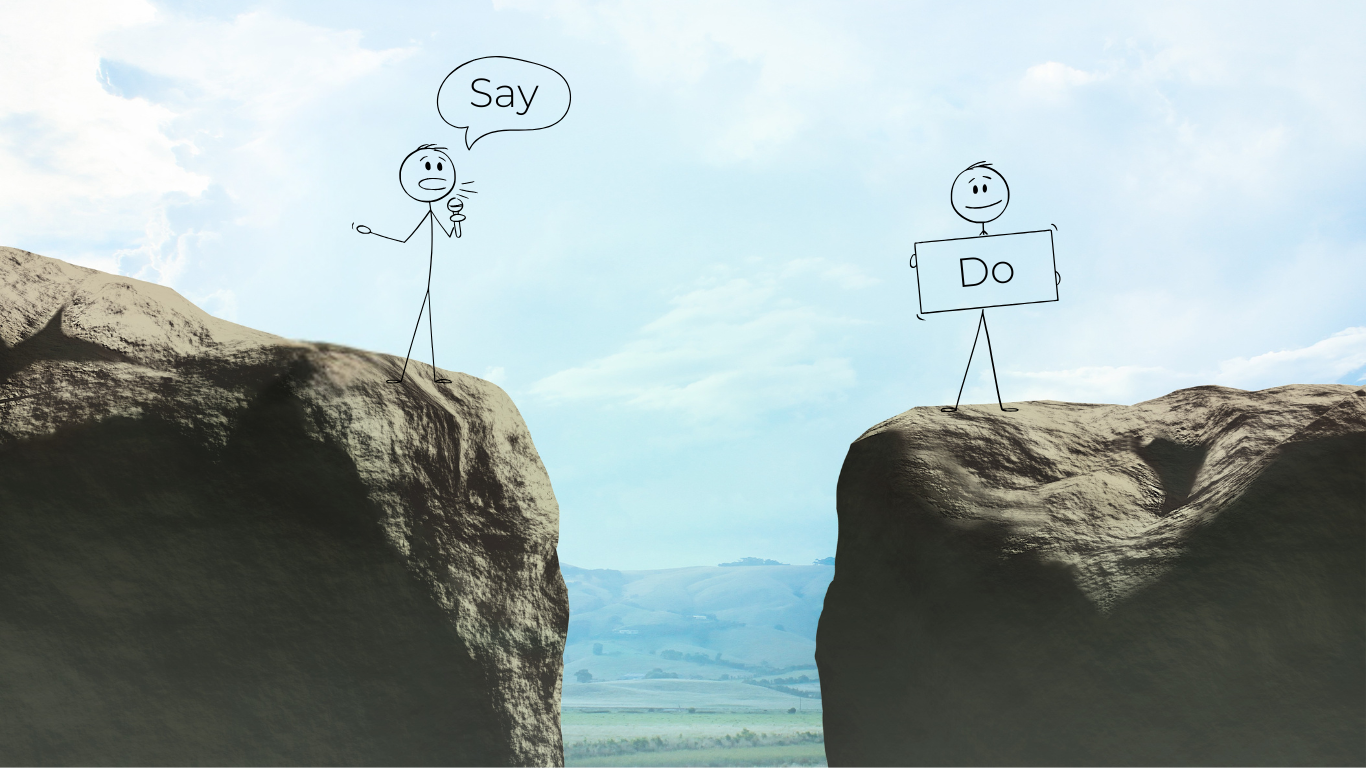 Illustration of people separated by the gap between what they say and do