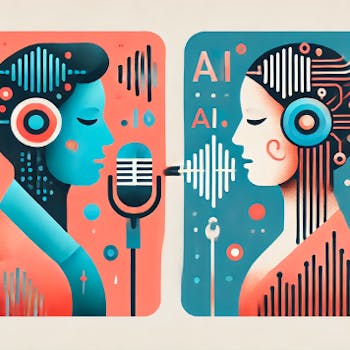 Illustration contrasting a human voice at a microphone with an AI-generated voice