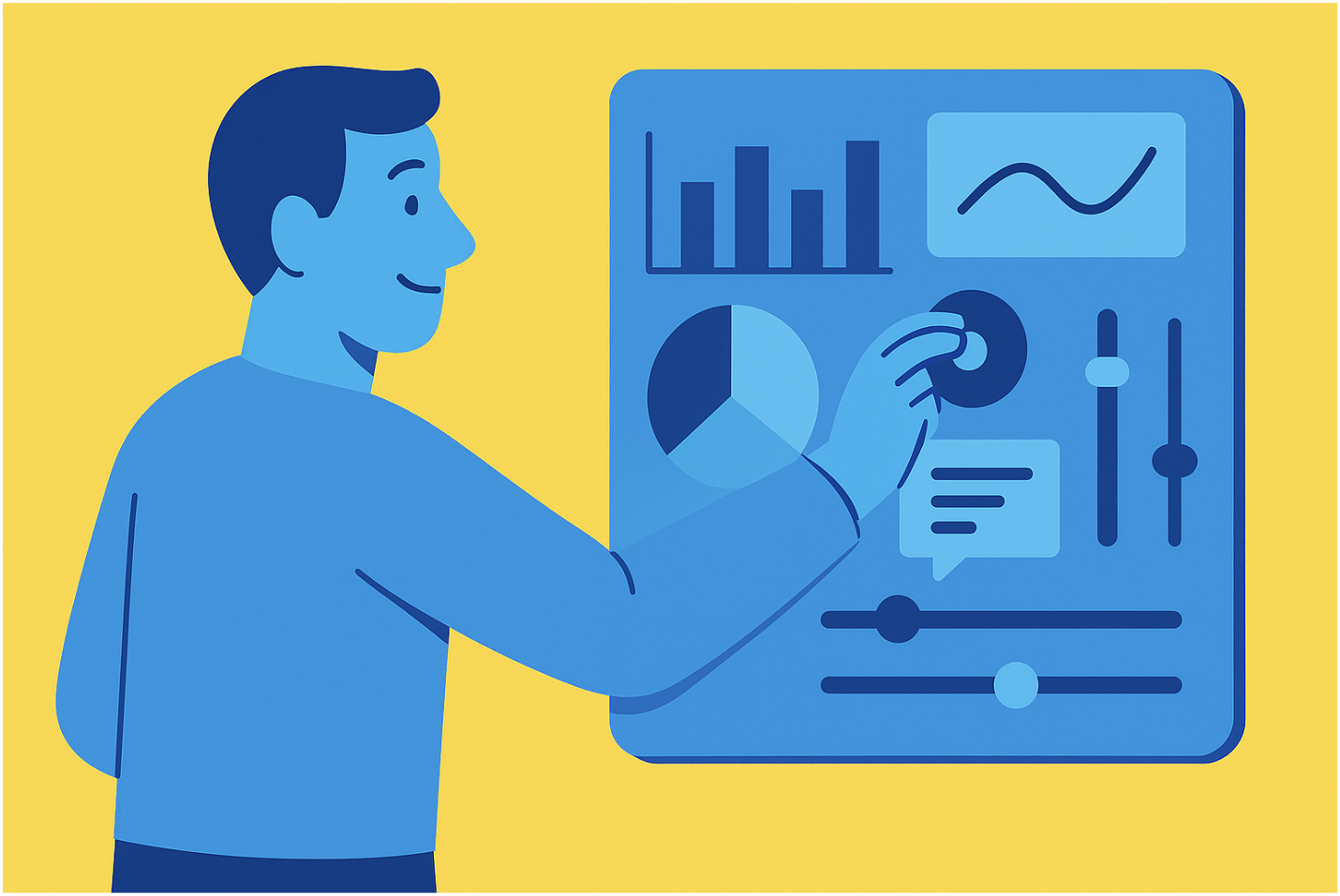 Illustration of a researcher working with an interactive analytics dashboard