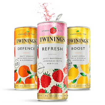 Three Twinings sparkling tea cans: Defence, Refresh and Boost
