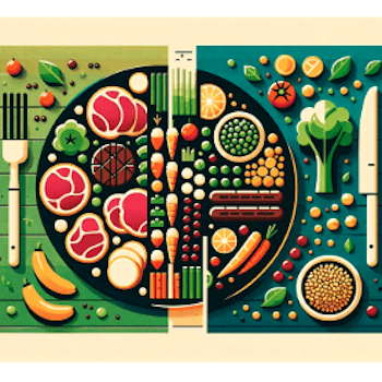 Illustrated plate split between meat-based and plant-based foods