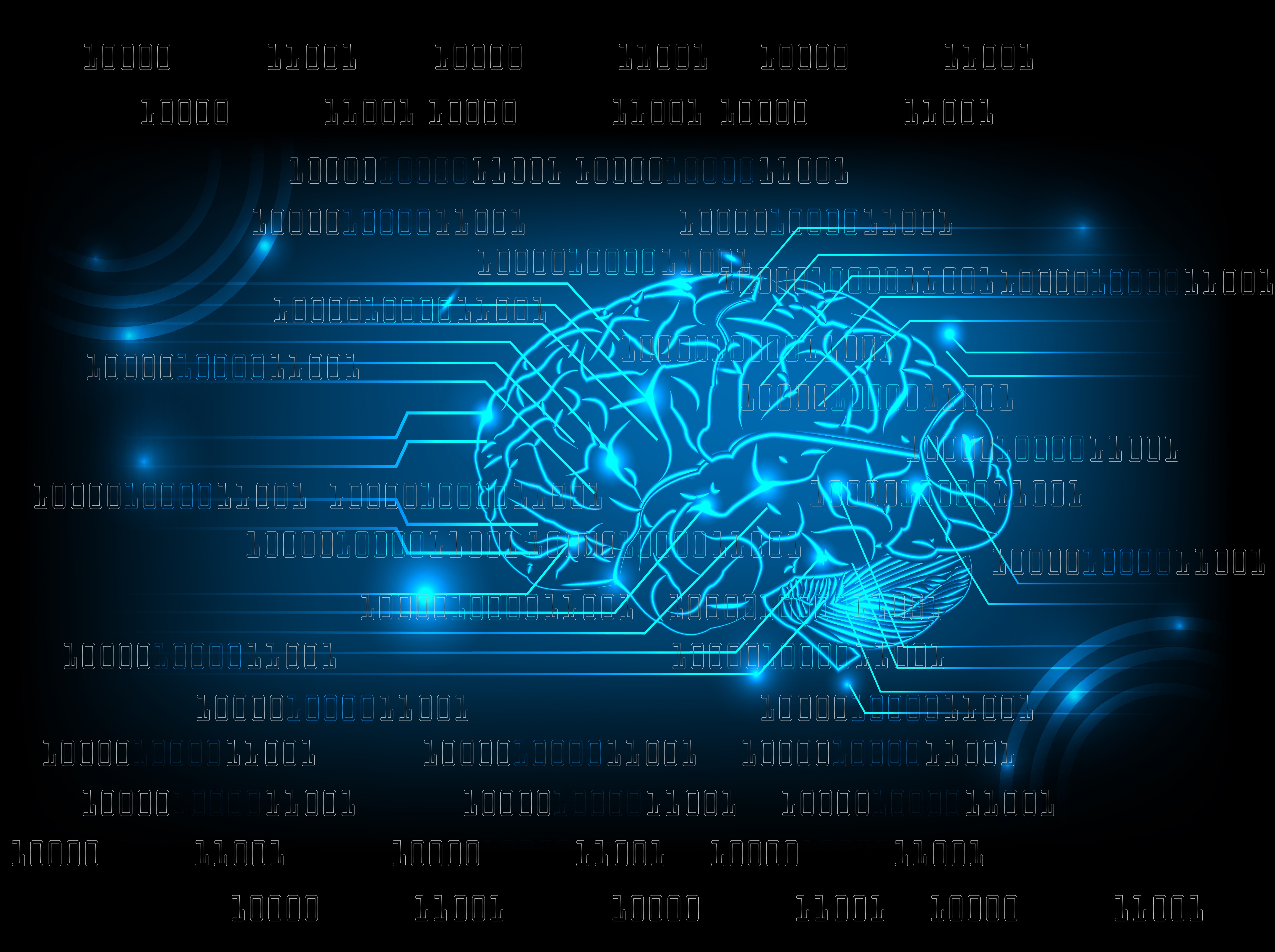 outlined brain with binary numbers