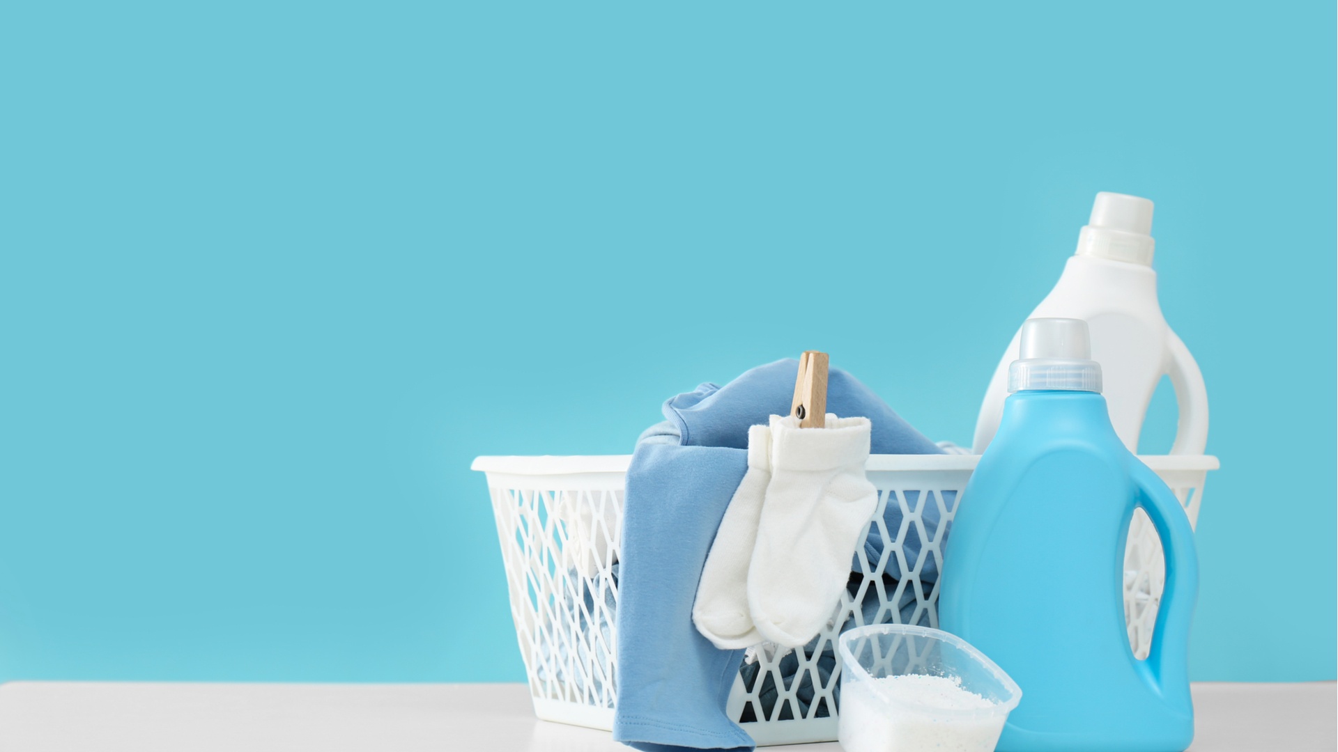 laundry materials with a sky blue background