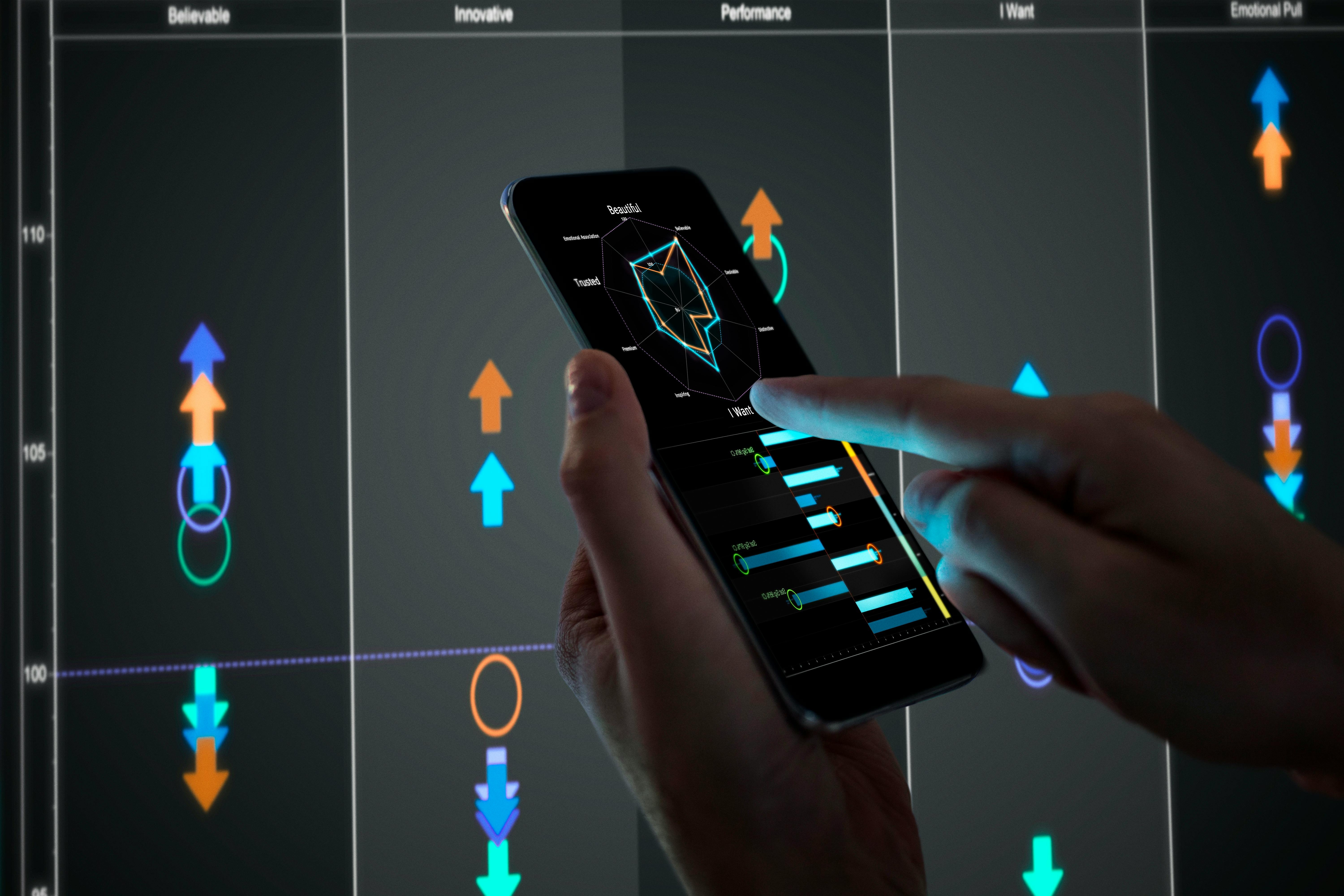 holding a phone with statistics shown on it